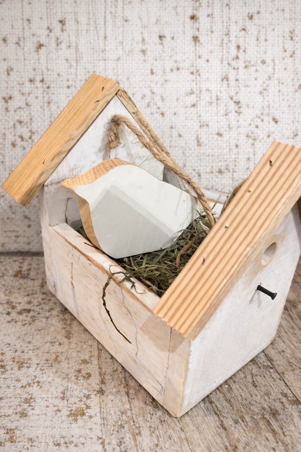 Handmade Wooden Birdhouse with natural grasses & wooden bird