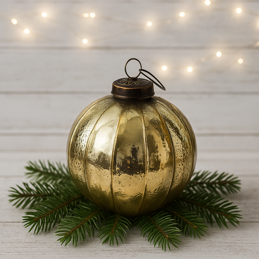 4 in Gold Round & Stripe Glass Ornaments