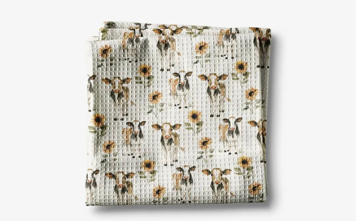 Cows Among the Sunflowers Waffle Towel