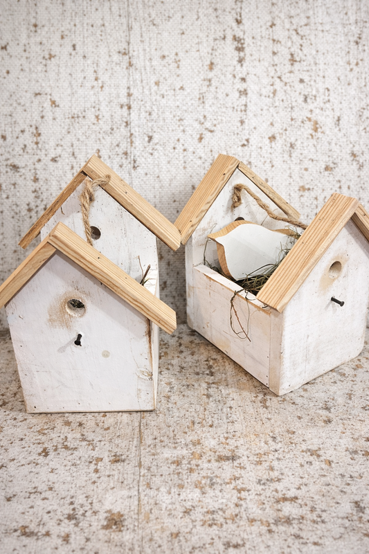 Handmade Wooden Birdhouse with natural grasses & wooden bird