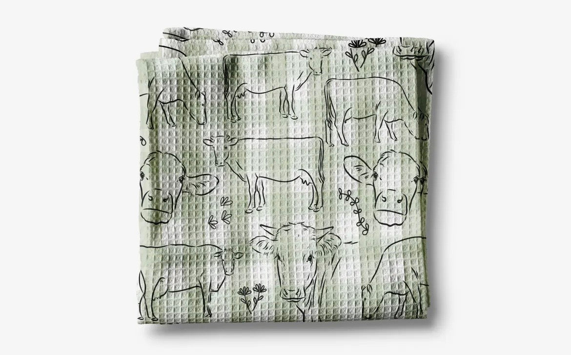 Sage Gingham Cow Waffle Towel