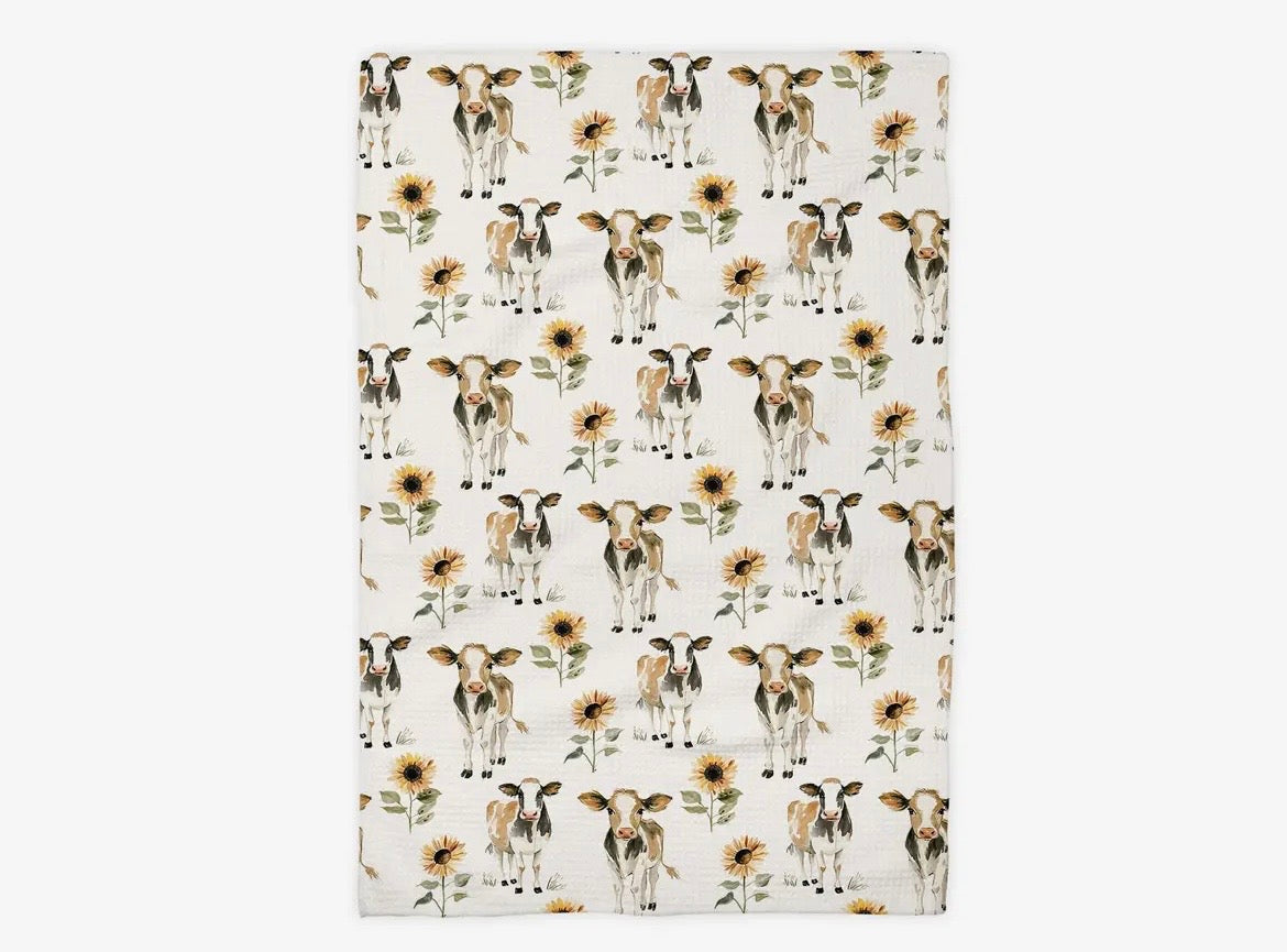 Cows Among the Sunflowers Waffle Towel