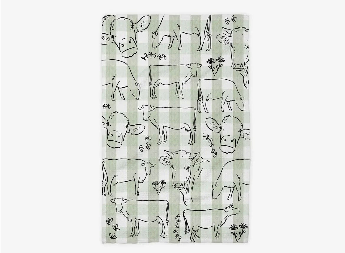 Sage Gingham Cow Waffle Towel