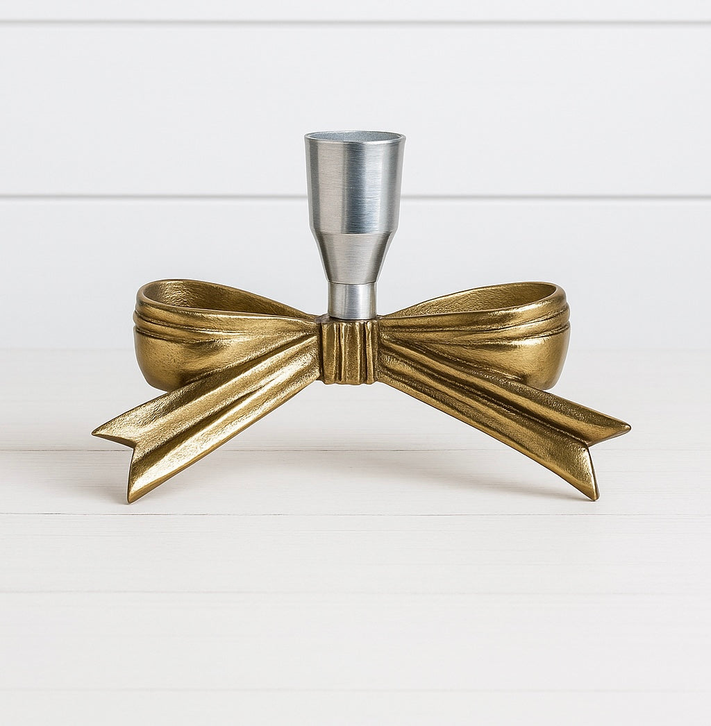 2 metal Gold & Silver Taper Holders with White Pearl Candle