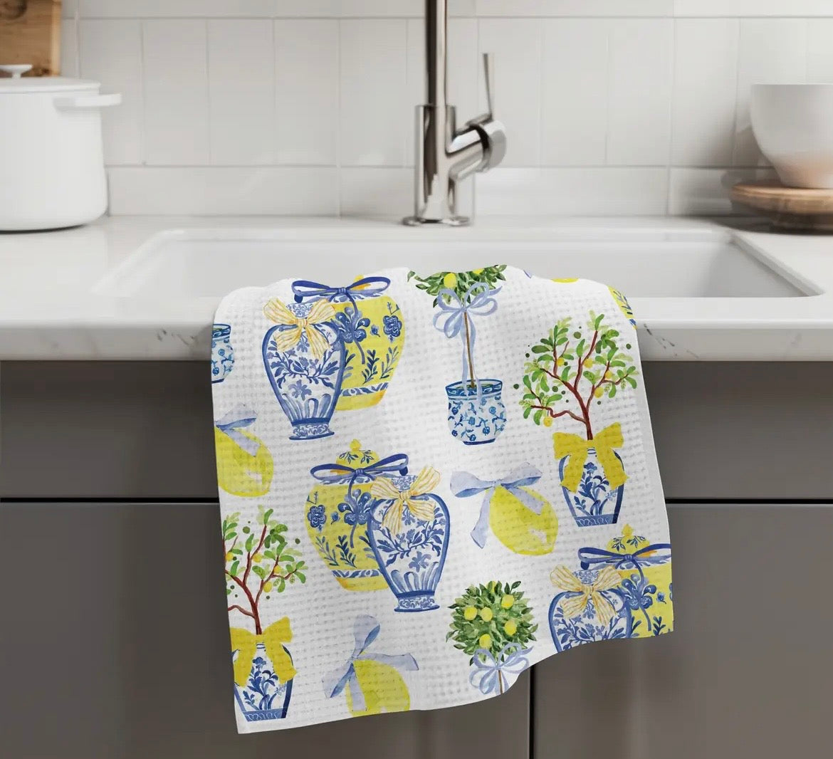 Lemon Chinoiserie Waffle Towel