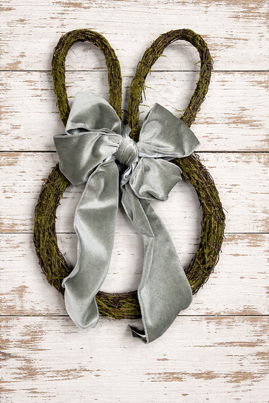 Mossy Bunny Wreath with Dusty Blue Velvet Ribbon