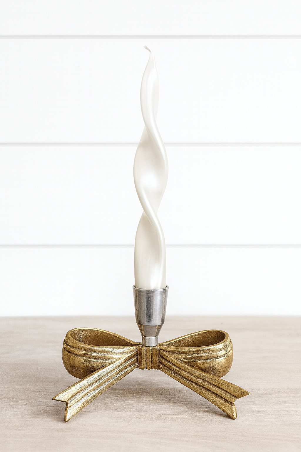 2 metal Gold & Silver Taper Holders with White Pearl Candle