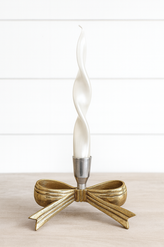 2 metal Gold & Silver Taper Holders with White Pearl Candle