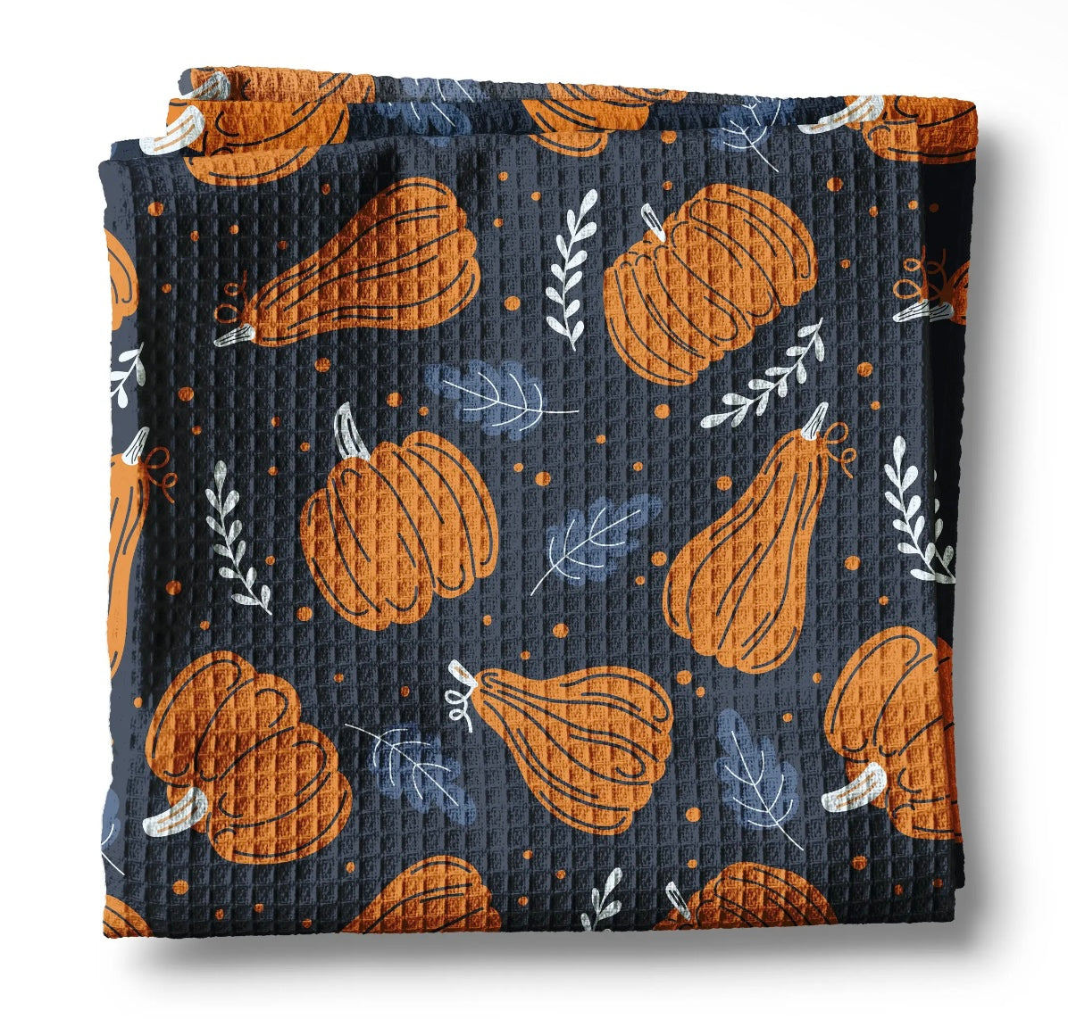 Navy Pumpkin & Gourd Fall Foliage Waffle Towel