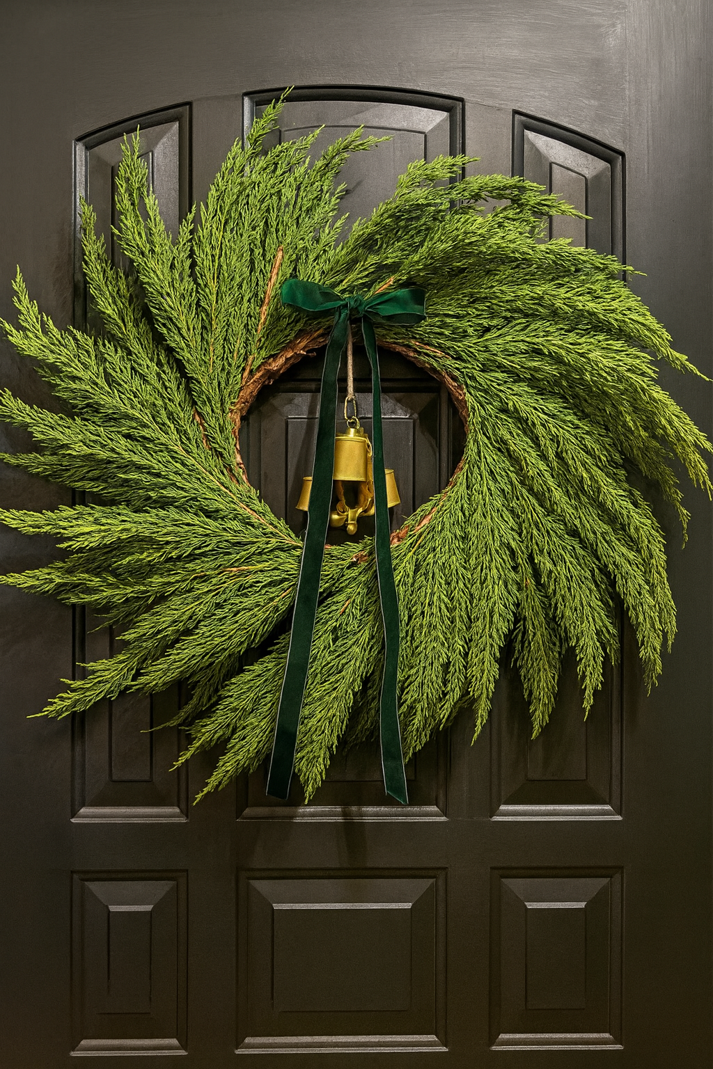 Faux Real Touch Large 22 in Cedar Wreath with Velvet Green Bow & Gold Bells