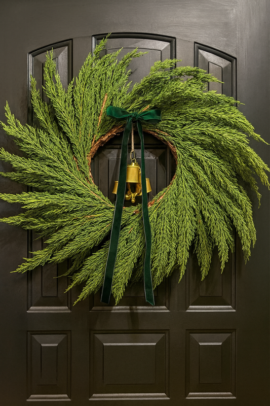 Faux Real Touch Large 22 in Cedar Wreath with Velvet Green Bow & Gold Bells