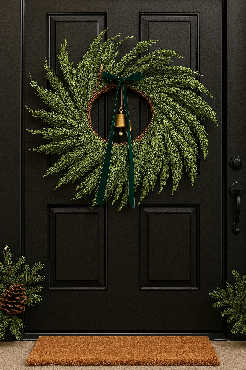Faux Real Touch Large 22 in Cedar Wreath with Velvet Green Bow & Gold Bells